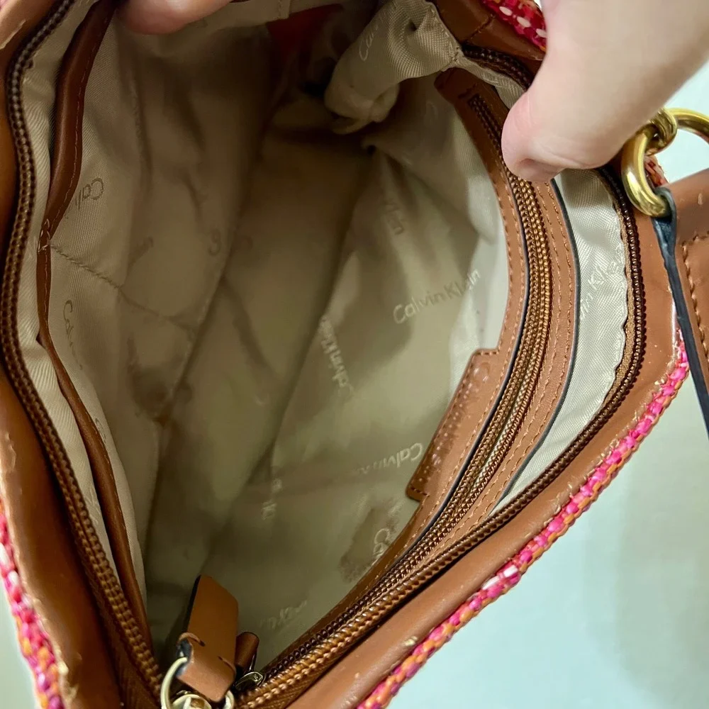 Calvin Klein Pink Woven Tweed Shoulder Bag Gold Chain Accent Preppy Designer